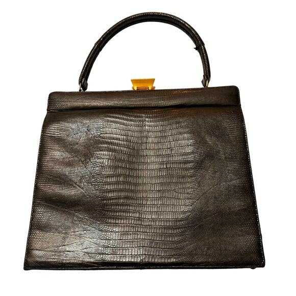 Vtg Crouch & Fitzgerald Black Reptile Leather Handbag with Brass Hardware - Picture 1 of 13